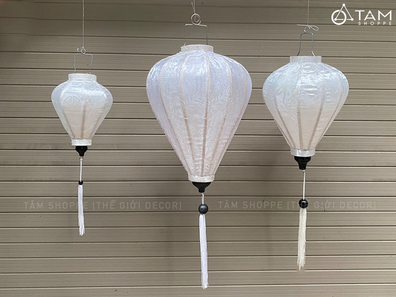 Lồng đèn vải Hội An Trắng lớn nhiều cỡ [Cao cấp - Vải gấm lụa] D20-40cm LDEN-VAI-09